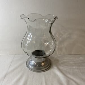 Vintage Glass 12" & Pewter Base 7" Large Hurricane Candle Holder w/ scallop edge